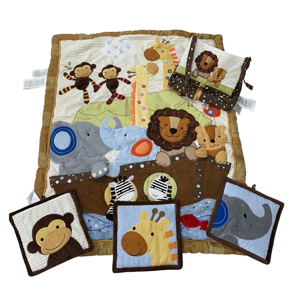 Lambs & Ivy Noahs Ark Baby Quilt Blanket Set Brown Blue Animal Applique 5pc